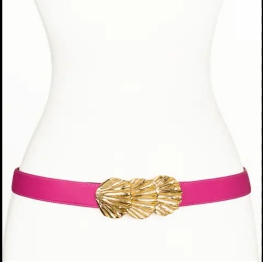 Raina Sally Hot Pink Leather Belt Gold Shell Buckle Barbiecore Preppy Vacation